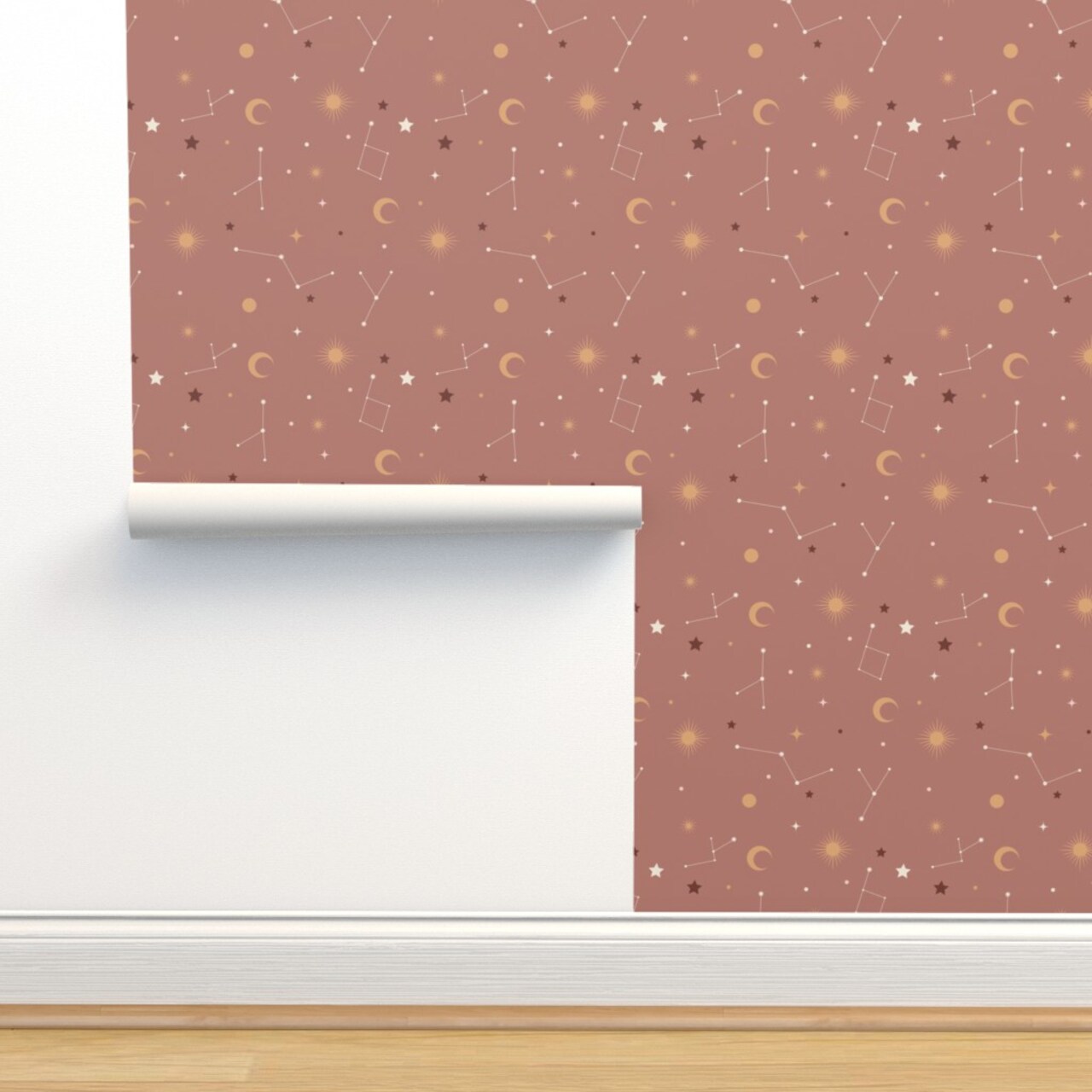 Brown Stars Sky Constellations Space Moon Boho Astronomy Whimsical Medium Scale Custom Pre-pasted Wallpaper by Spoonflower Pre-Pasted Wallpaper 2FT Wide